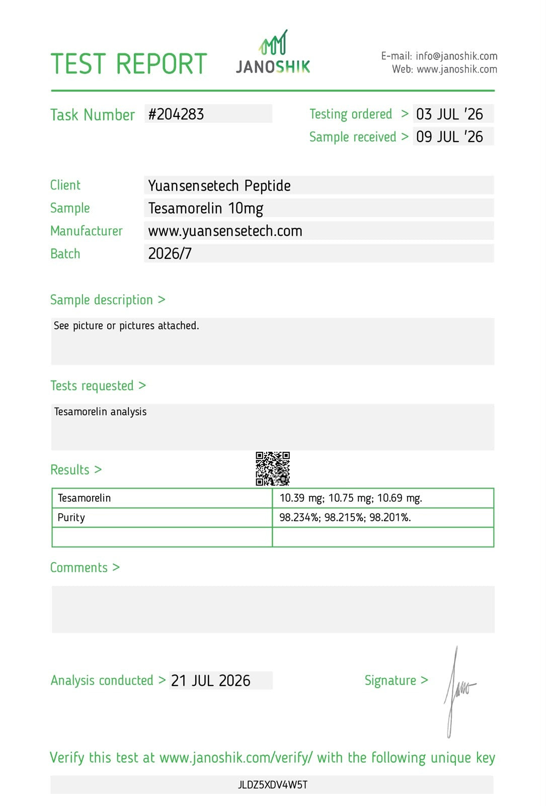 TSM10 COA204283 peptide COA purity testing report